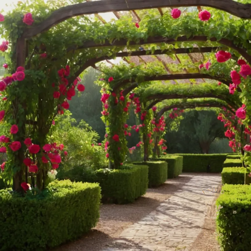 3-4 vibrant, lush trellises with blooming flowers in different pruning stages.