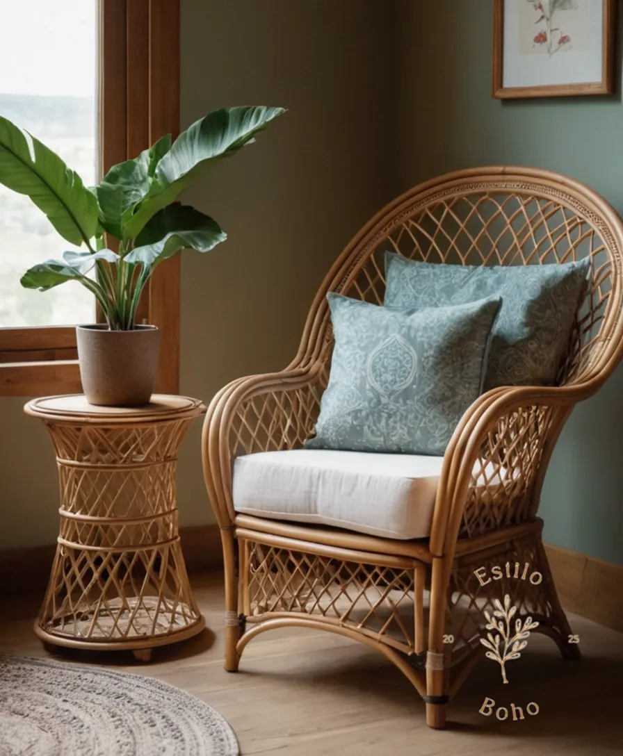 A bohemian-style rattan armchair in a cozy living space.