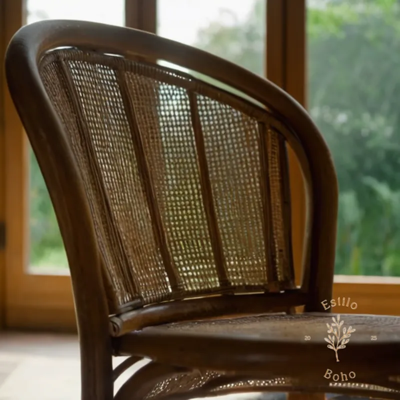 A close-up of a worn ratan chair being gently dusted.