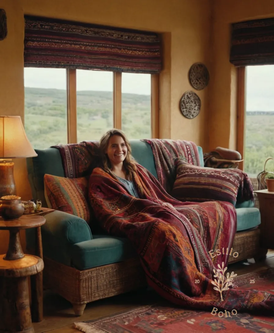 2-3 bohemian blankets draped over furniture or people smiling.