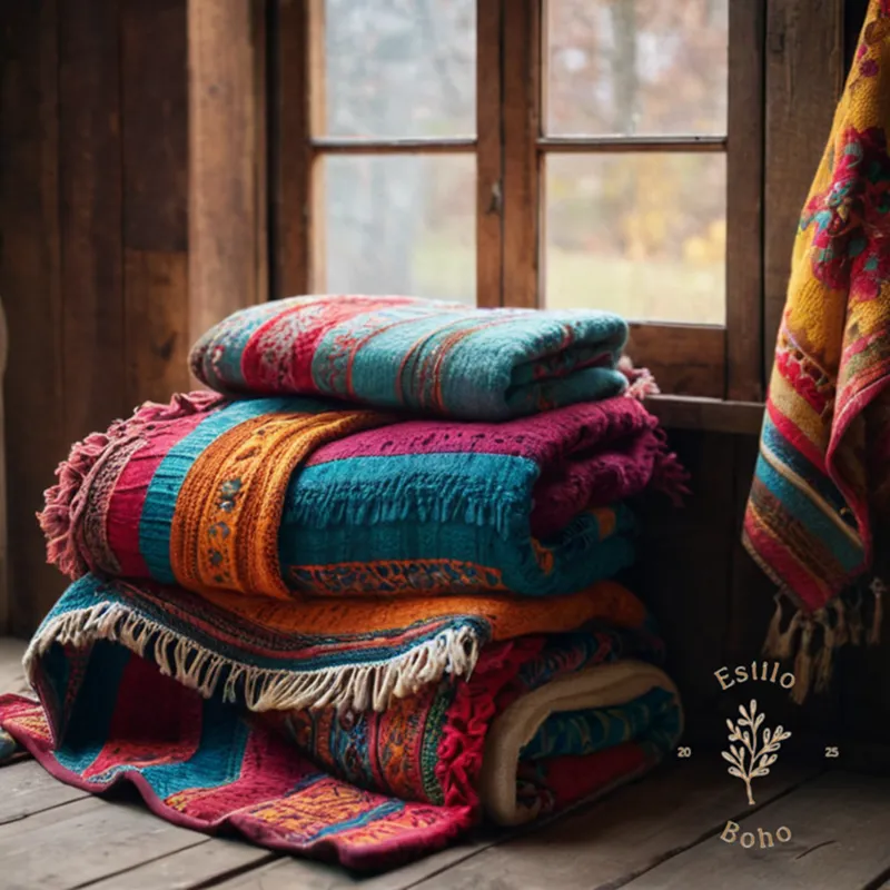 3 beautiful bohemian blankets on a rustic wooden backdrop, softly styled.