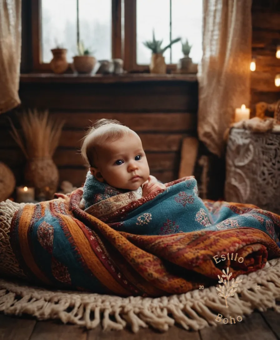 A cozy baby nestled in a bohemian-themed blanket.