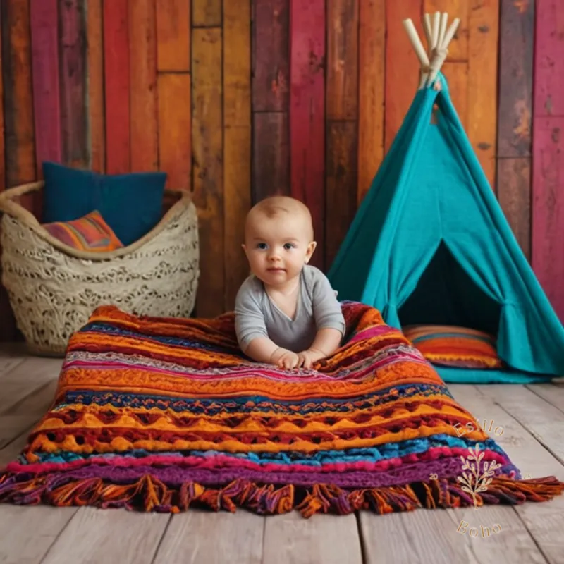 2 bohemian-style blankets for babies on a colorful wooden background.