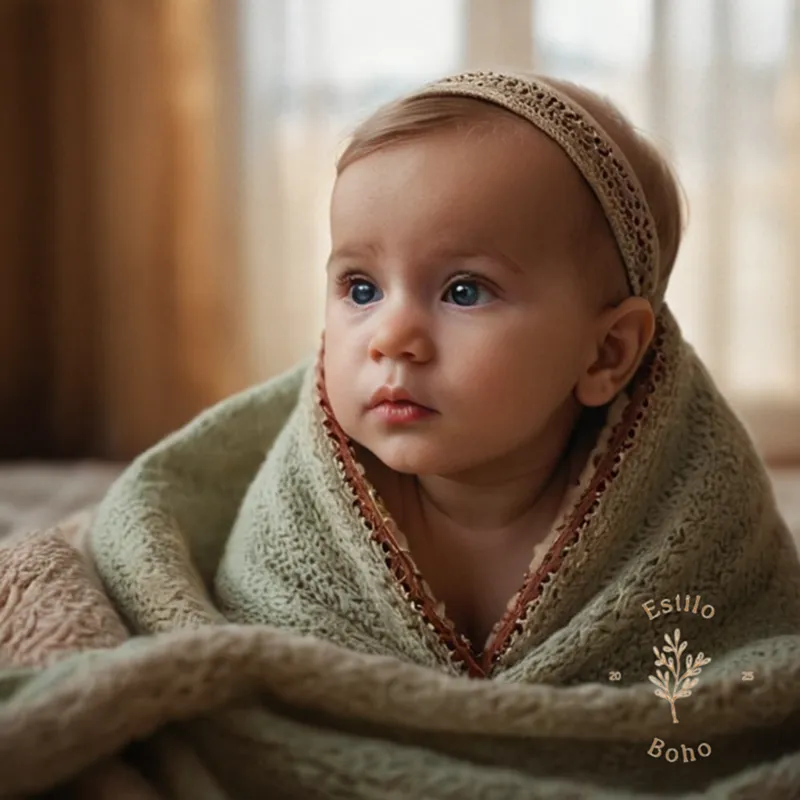 A soothing bohemian baby wrapped snugly in a large blanket.