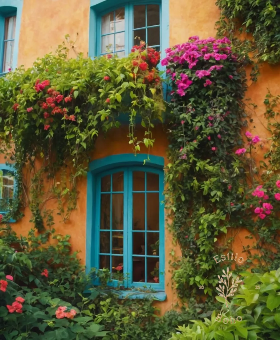 Lush climbing plants overflowing from a colorful, bohemian-style garden wall.