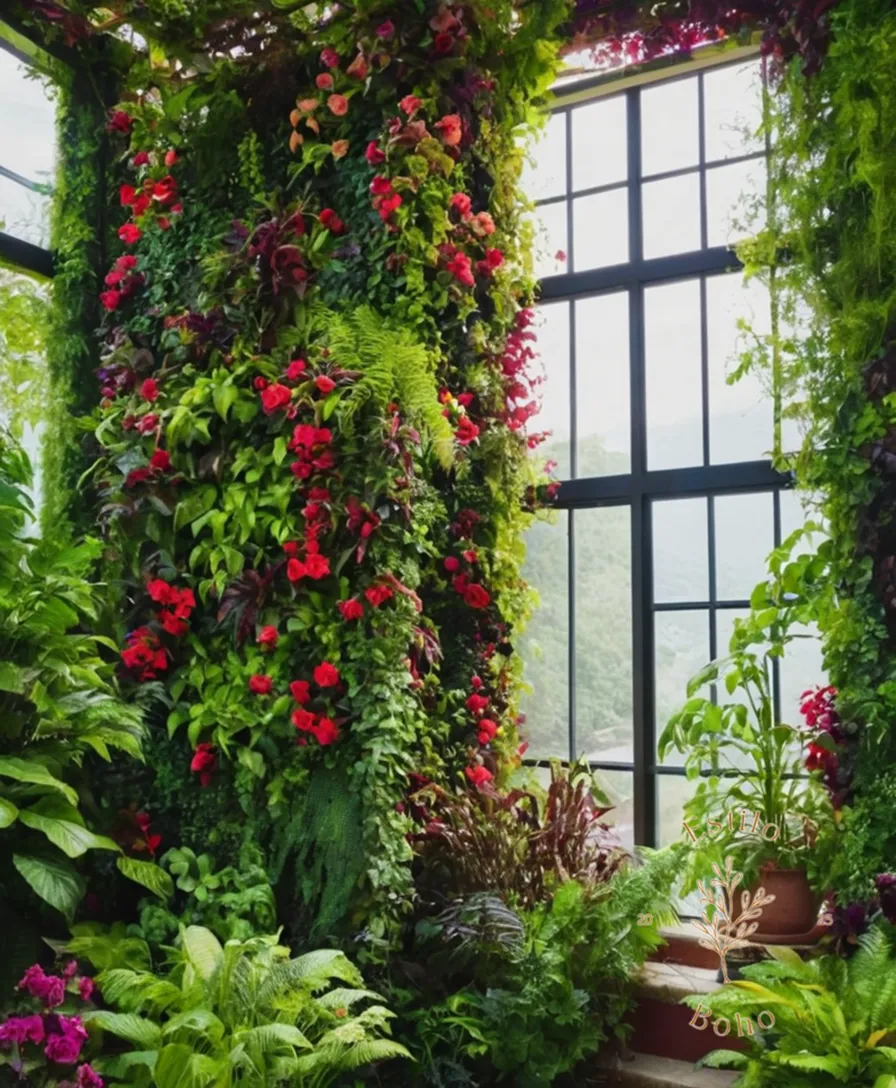 a lush, colorful vertical garden with trellises and vines.