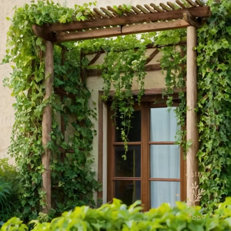 A lush, verdant vine climbing up a wooden trellis.