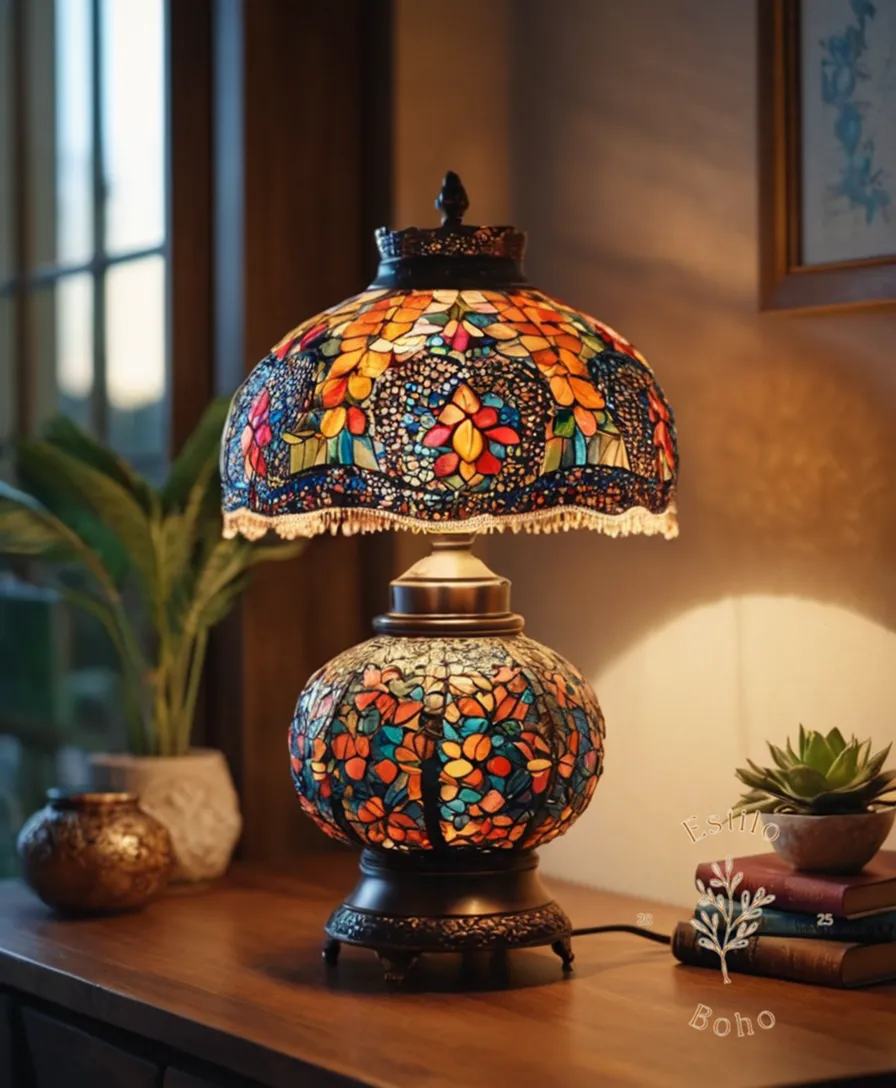 A decorative table lamp with unique bohemian design elements displayed.