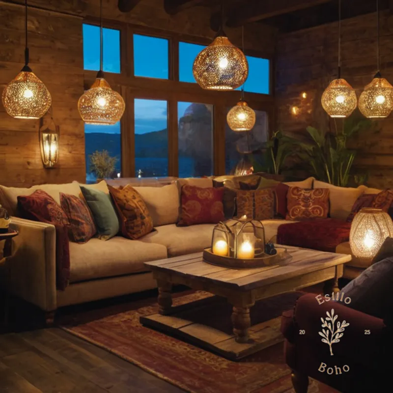 A bohemian-themed lounge setting with decorative lighting fixtures.