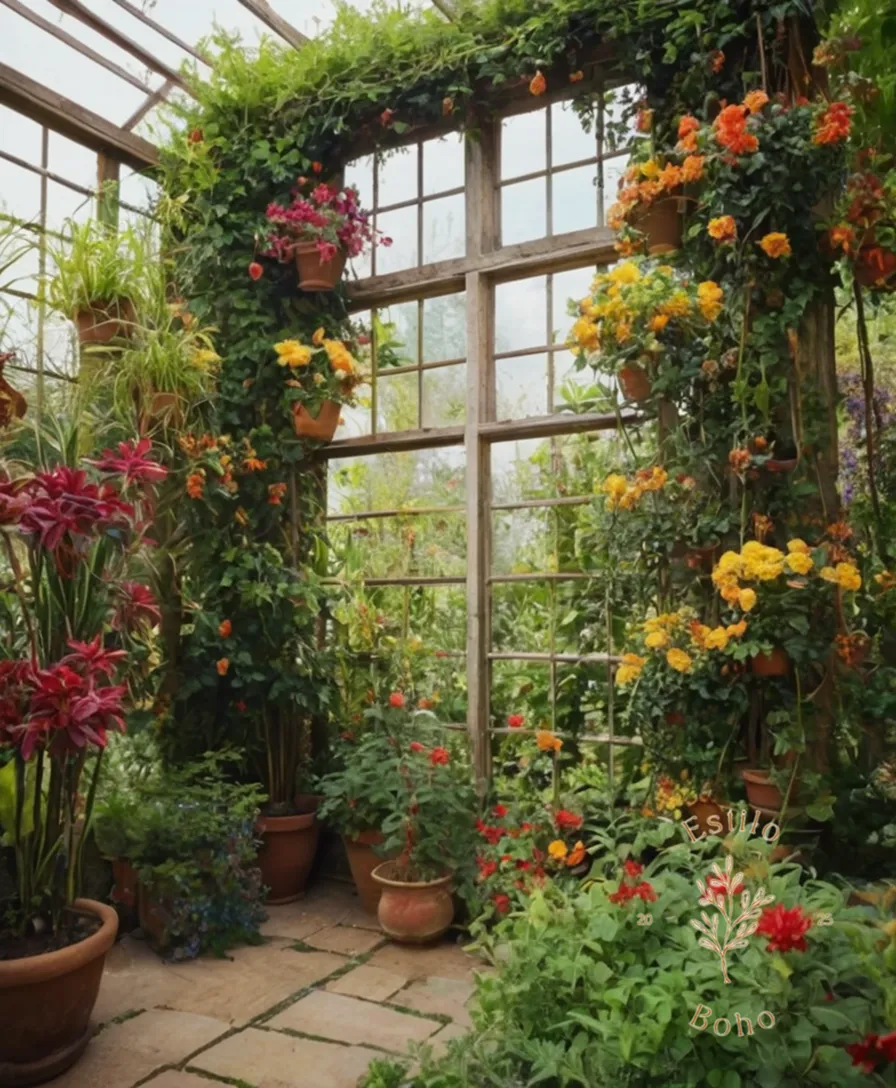 4-6 colorful trellised plants in a bohemian garden setting.