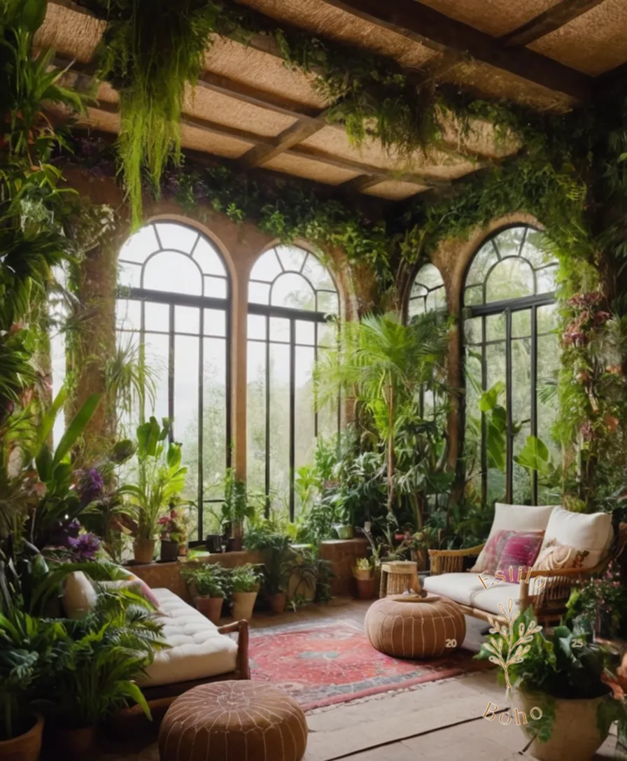 A lush, bohemian oasis-style garden on a vertical wall.