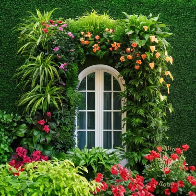 A lush, colorful vertical garden with trellis-cascading plants.