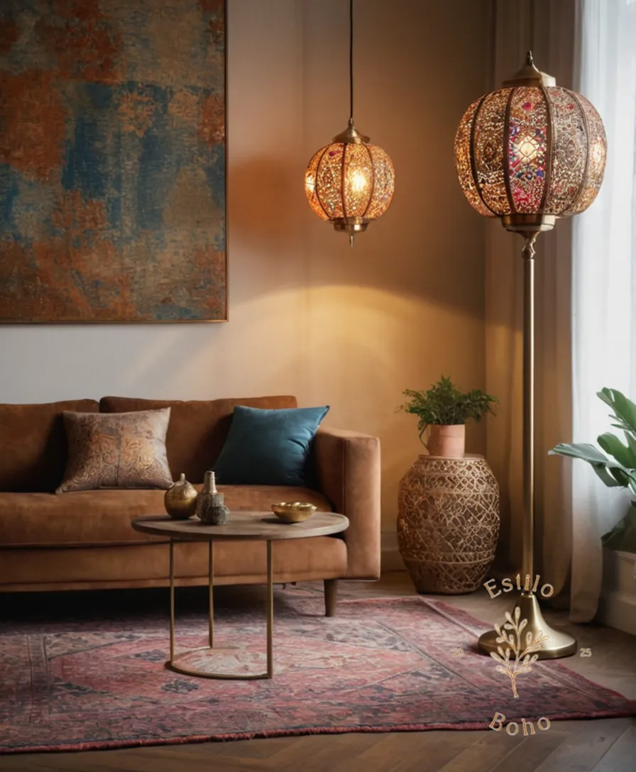 3 bohemian floor lamps in a stylish living room setting.