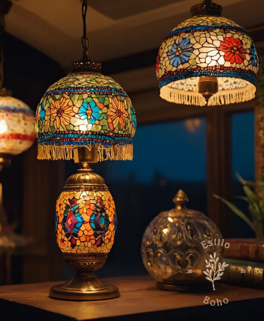 2-3 stylish bohemian lamps on a discounted sale background.