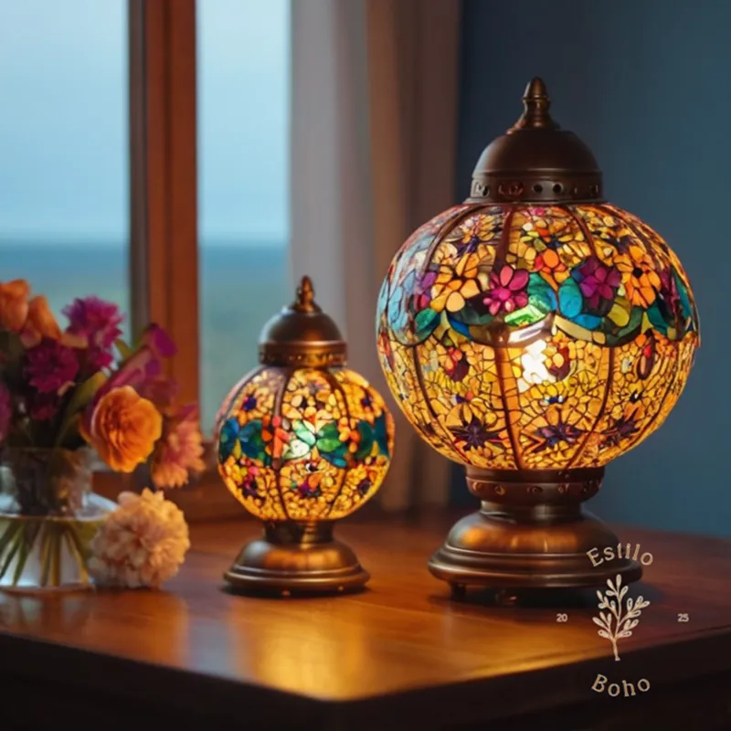 bohemian-inspired lamps on a table, with colored lights and flowers.