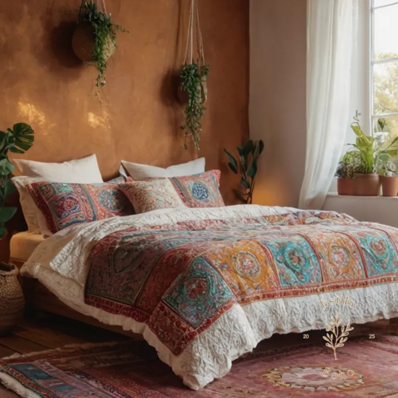 A bohemian-style bed made from organic cotton with DIY patterns visible.