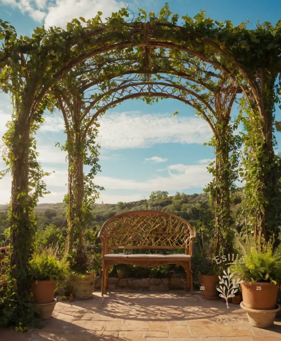 Vines covering an intricately designed bohemian-style pergola arch.