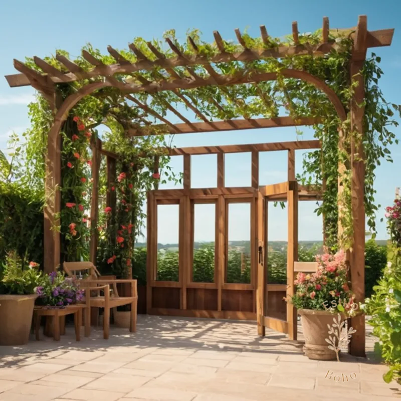 A lovely wooden pergola with climbing plants wrapped around it.