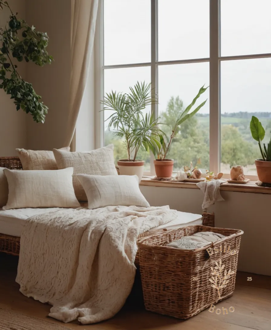 3-4 relaxed, eclectic home decor scenes with organic cotton fabrics.