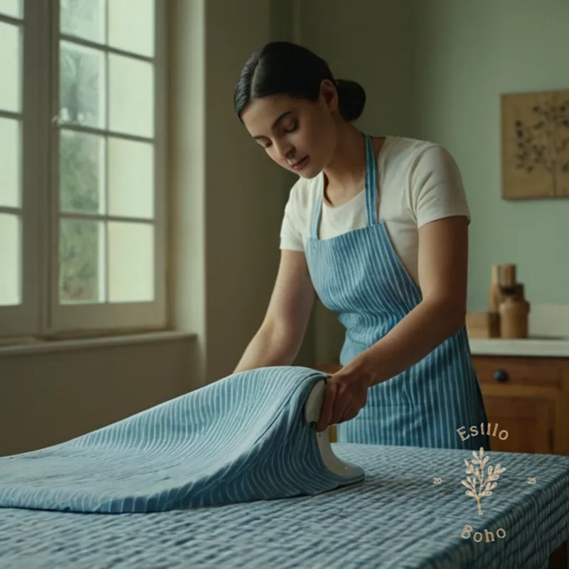 A serene model ironing soft, smooth organic cotton fabrics.