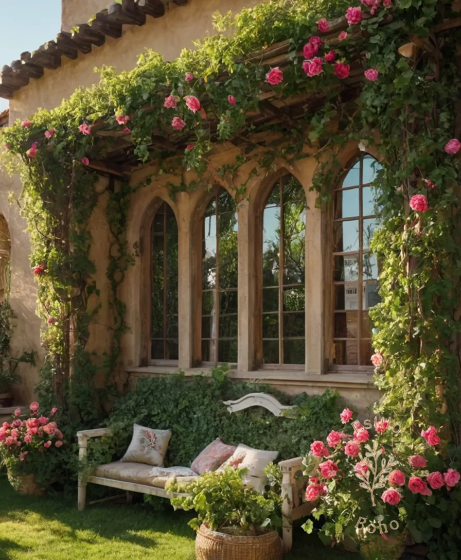 A blooming, bohemian-inspired trellis system with lush vines.