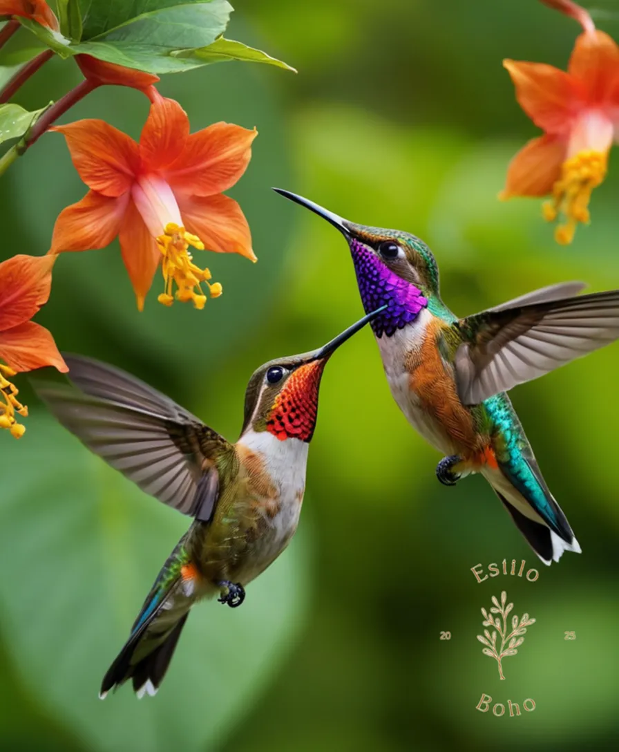 3 colorful hummingbirds near a tropical climbing vine.