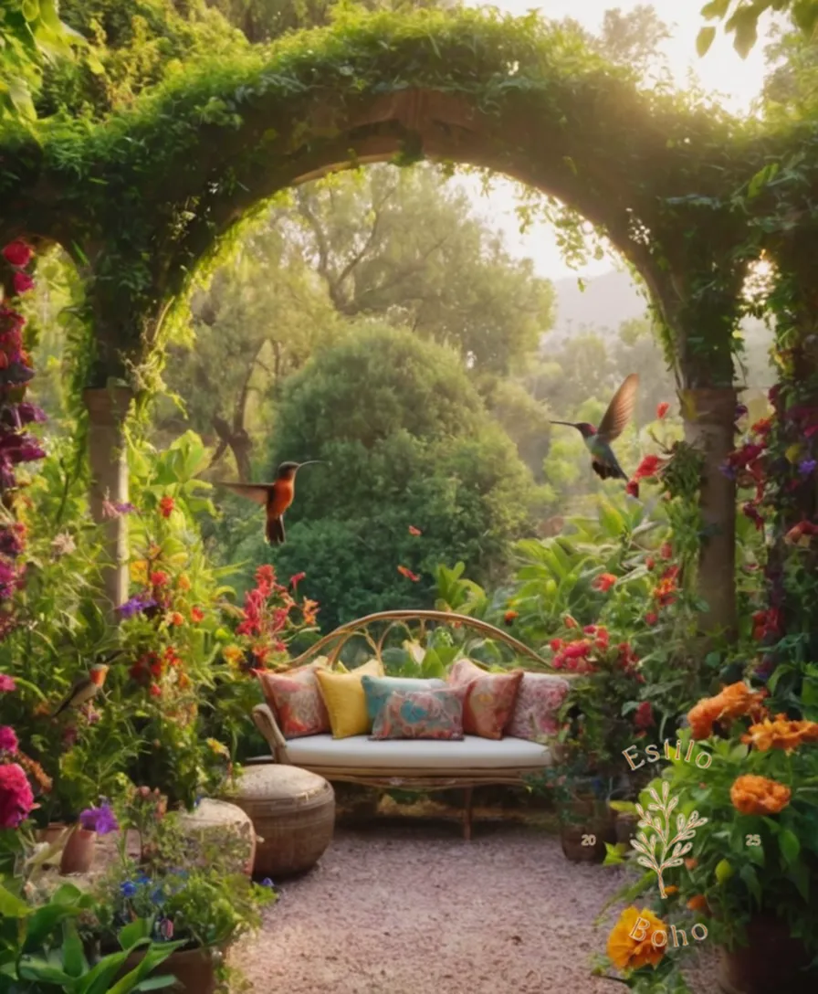 A colorful bohemian-style garden amidst hummingbirds flitting about lush vines.