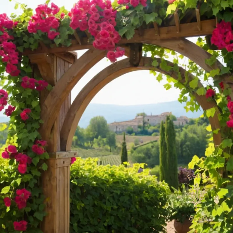 Vibrant, flowering vines climbing a wooden trellis or arbor.