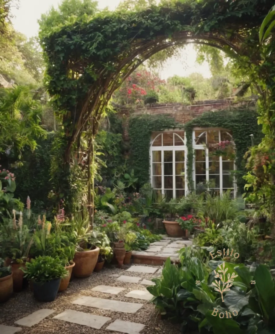 A lush bohemian garden with shaded foliage and trellises.