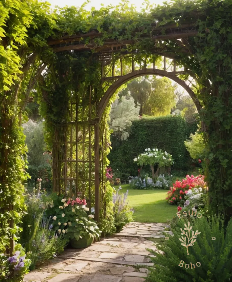 3 lush, flowering trellises amidst a shaded, bohemian garden landscape.
