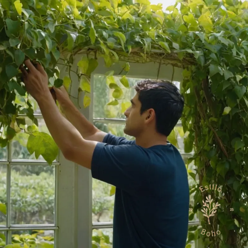 A person pruning or training glicinia vines outdoors.