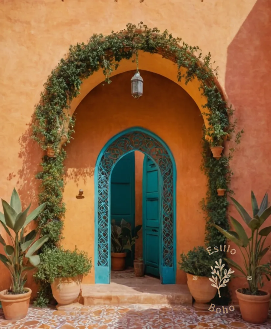 Vintage, bohemian-inspired plants climbing over a colorful Moroccan archway.
