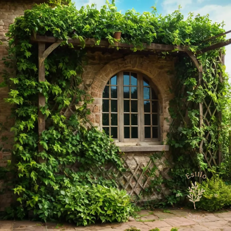 A lush, climbing plant with a rustic trellis or support.