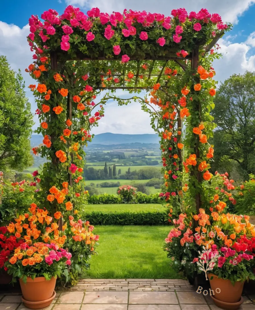 A vibrant trellis flower display with colorful blooms.