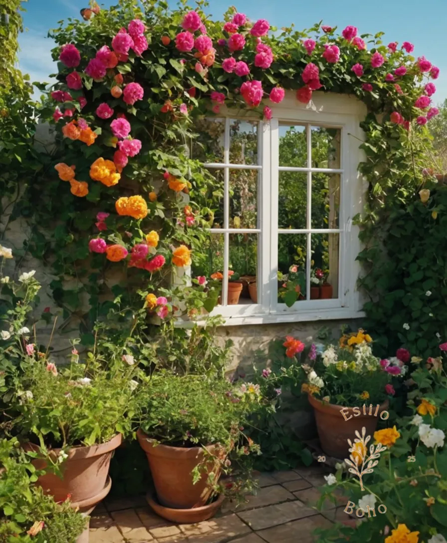 A vibrant, flowering climber potting in a bohemian garden scene.