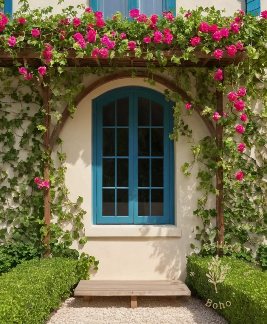 Lavish, colorful, blooming vines thriving on a wooden trellis.