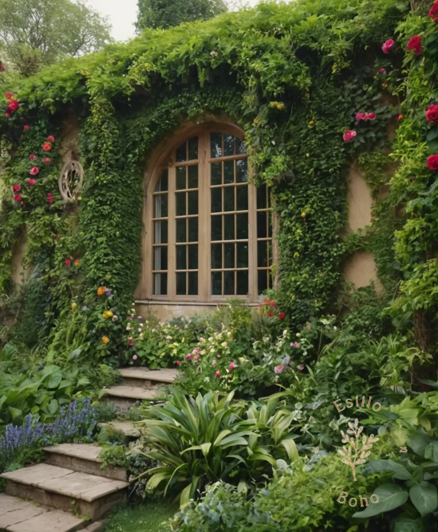 6-8 different bohemian garden climbers intertwined with lush greenery.