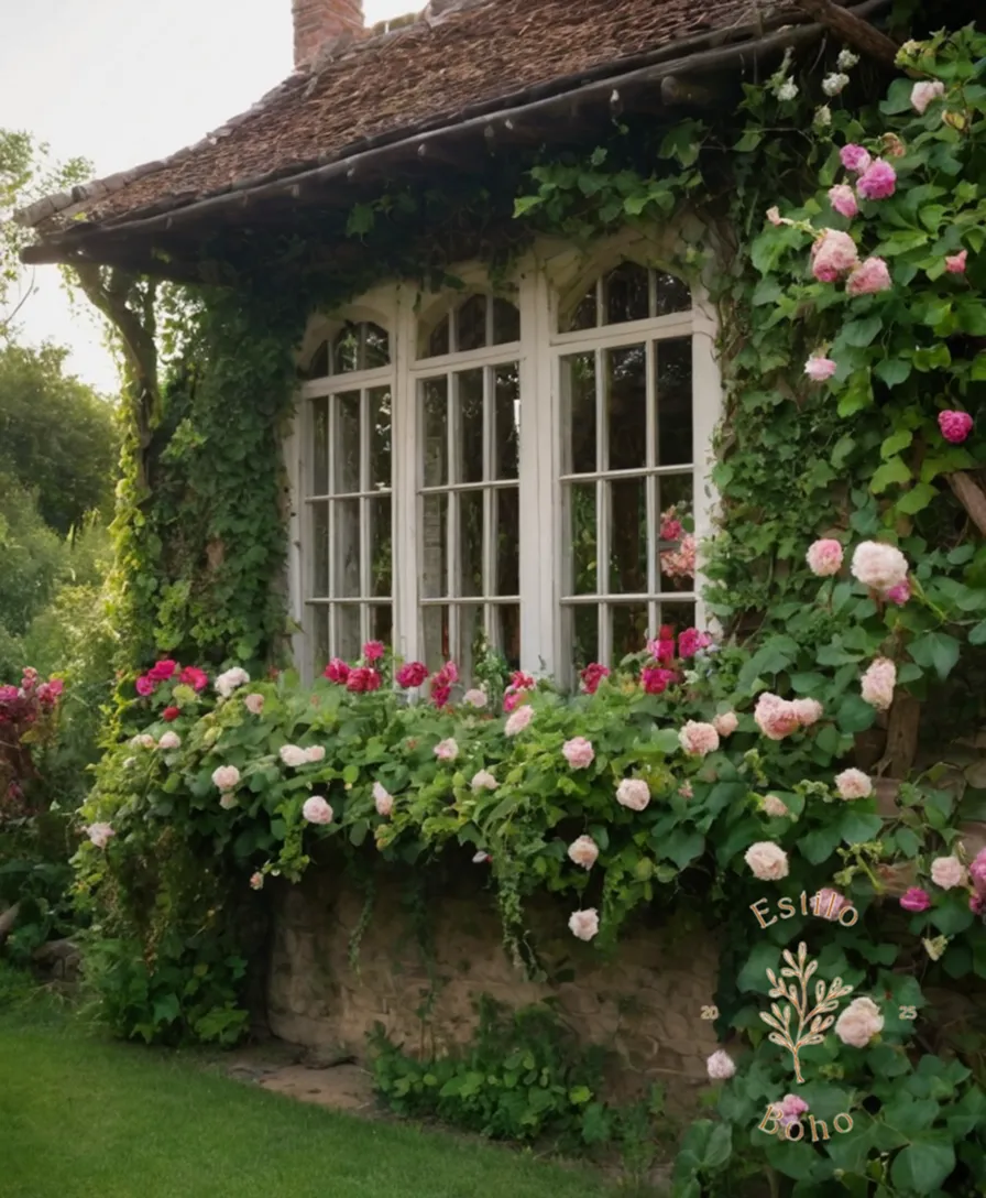 3-5 beautiful, flowering vines in a lush bohemian garden setting.