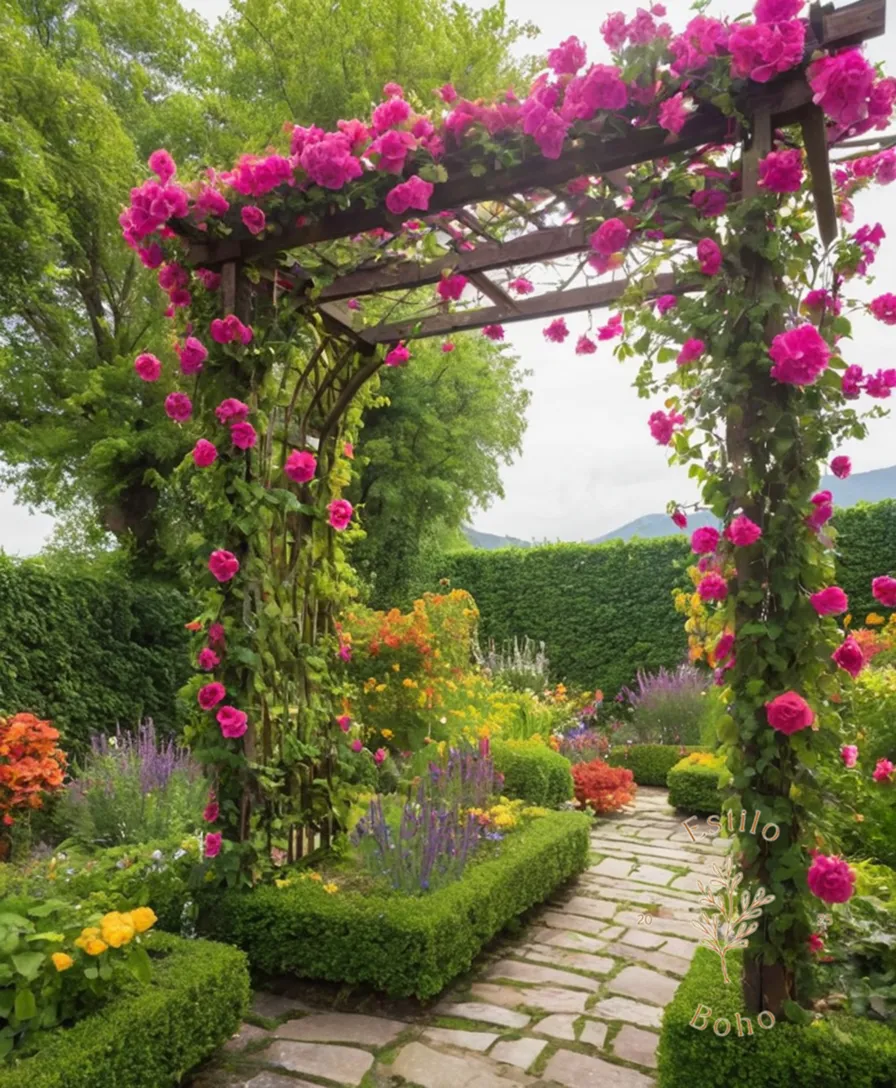 Vibrant, colorful trellises with flowering vines in a whimsical garden setting.