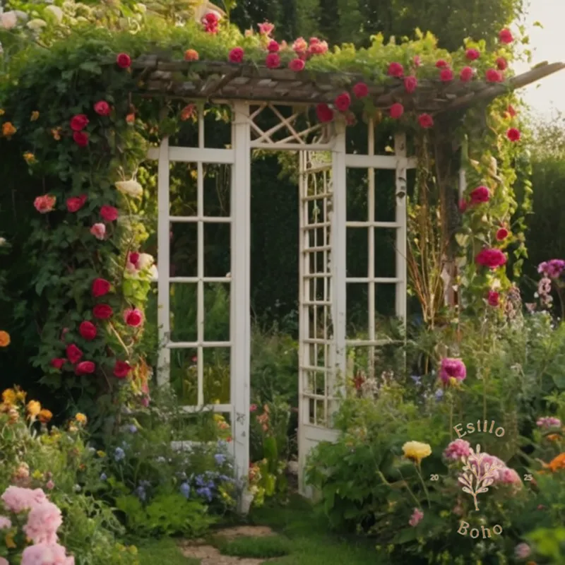 Vibrant, flowering trellises in a bohemian-style garden setting.
