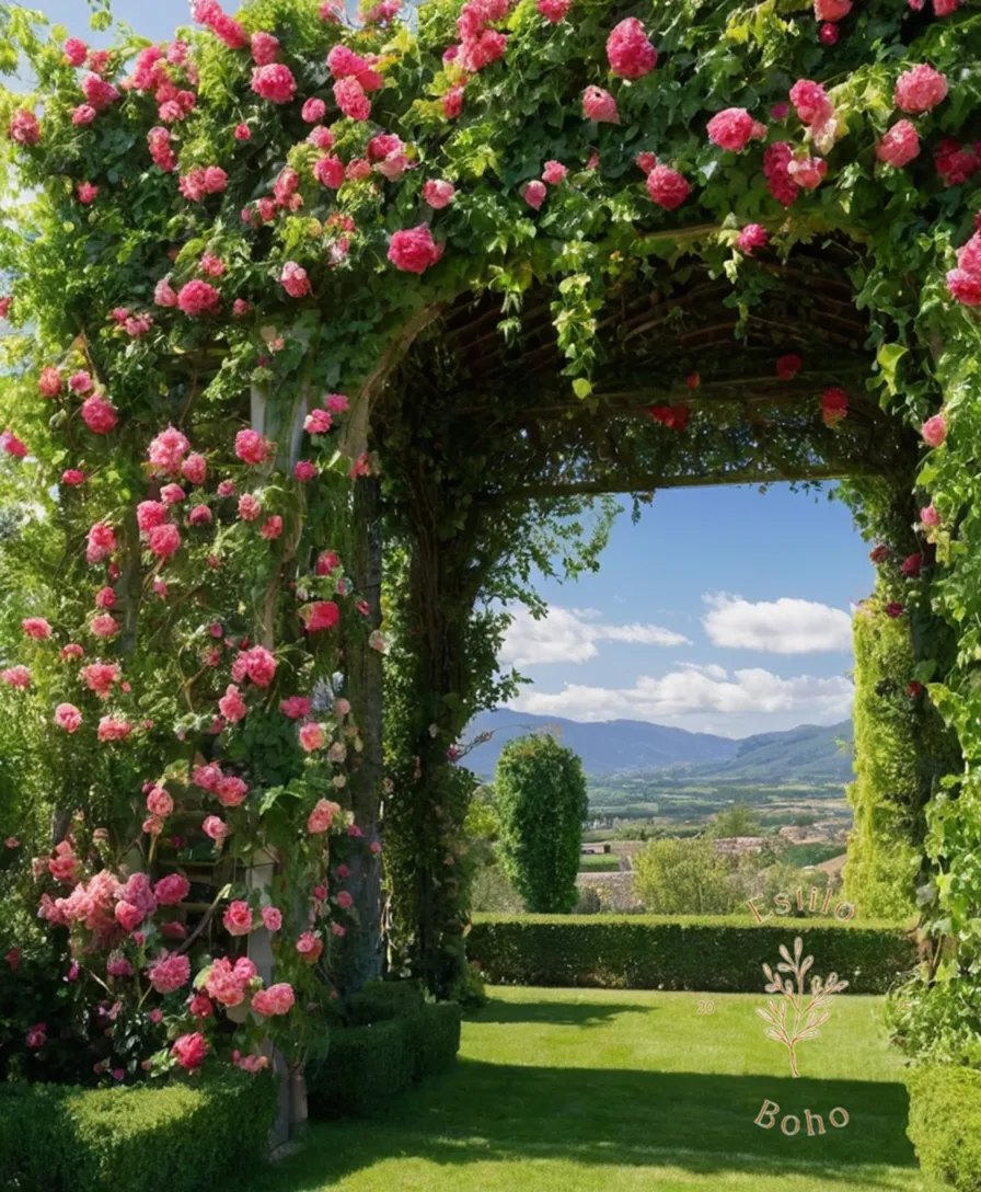 3 lush, flowering trellises intertwined with blooming vines and greenery.