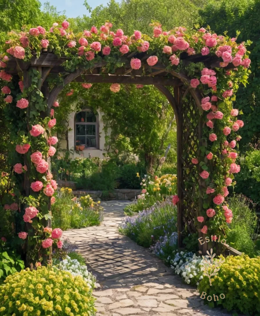 Lush, flowering vines wrapped around a wooden trellis or arbor.