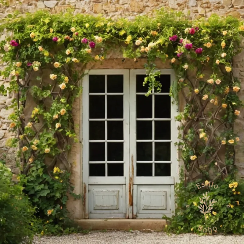 3-4 vibrant, flowering vines entwined on a rustic trellis.