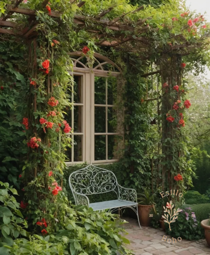 Delicate, exotic climbing plants entwined around a bohemian-inspired garden trellis.