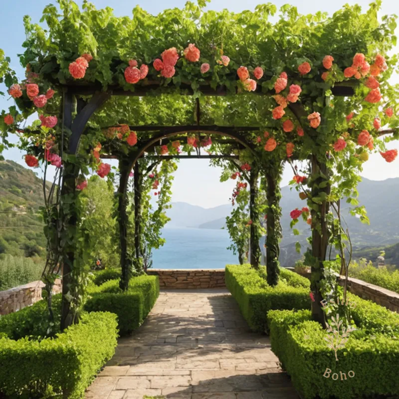 3-4 trellises with lush, blooming vines in various seasons.