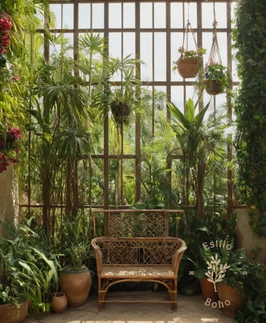 3-5 trellising exotic plants in a bohemian garden setting.