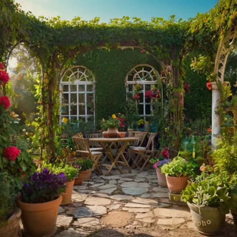 A lush, colorful bohemian garden with trellises and vines.