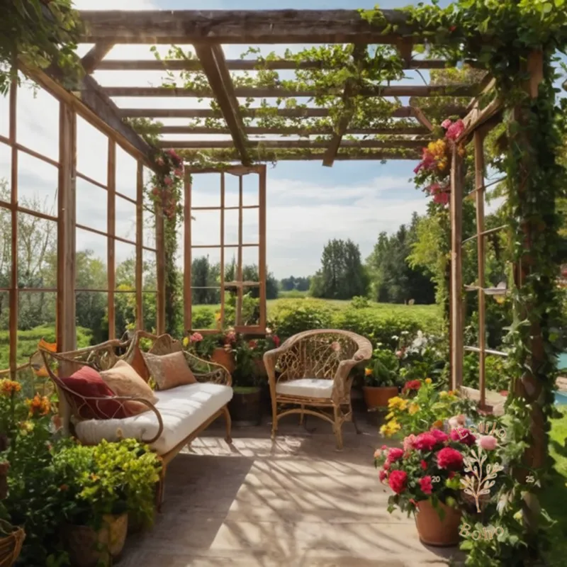 A vibrant bohemian garden scene with easy-to-use trellises.