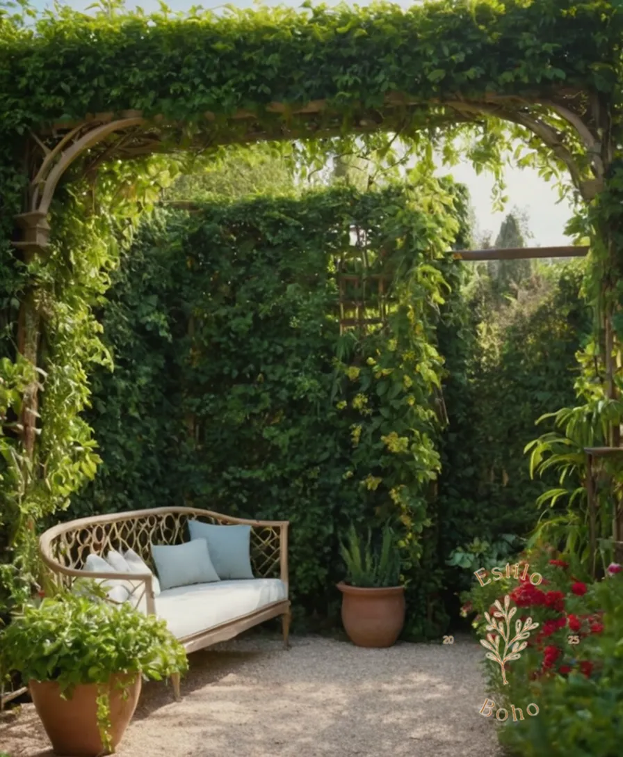 A lush garden with trellises and climbing plants thriving.