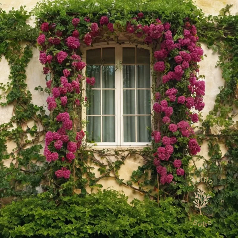 A trellis covered with flowering vines, with a pest infestation visible.